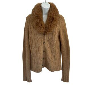 Kenar Women Cashmere Cable Knit Cardigan Sweater Removable Faux Fur Collar L Tan